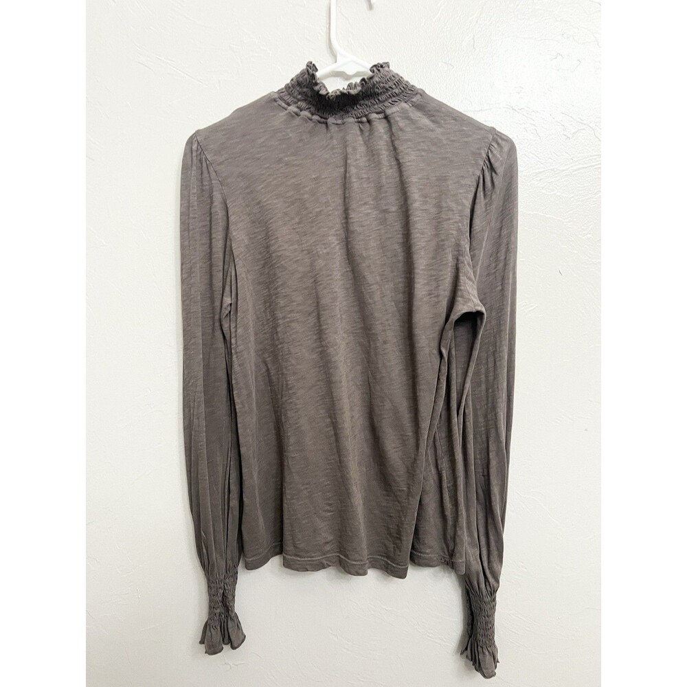 SUNDRY Women's Smockneck w/ puffy sleeves 1 Medium Tan USA Made Shirt Top